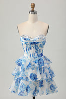 Load image into Gallery viewer, Sparkly White and Blue Corset Floral Sweetheart Short Prom Dress