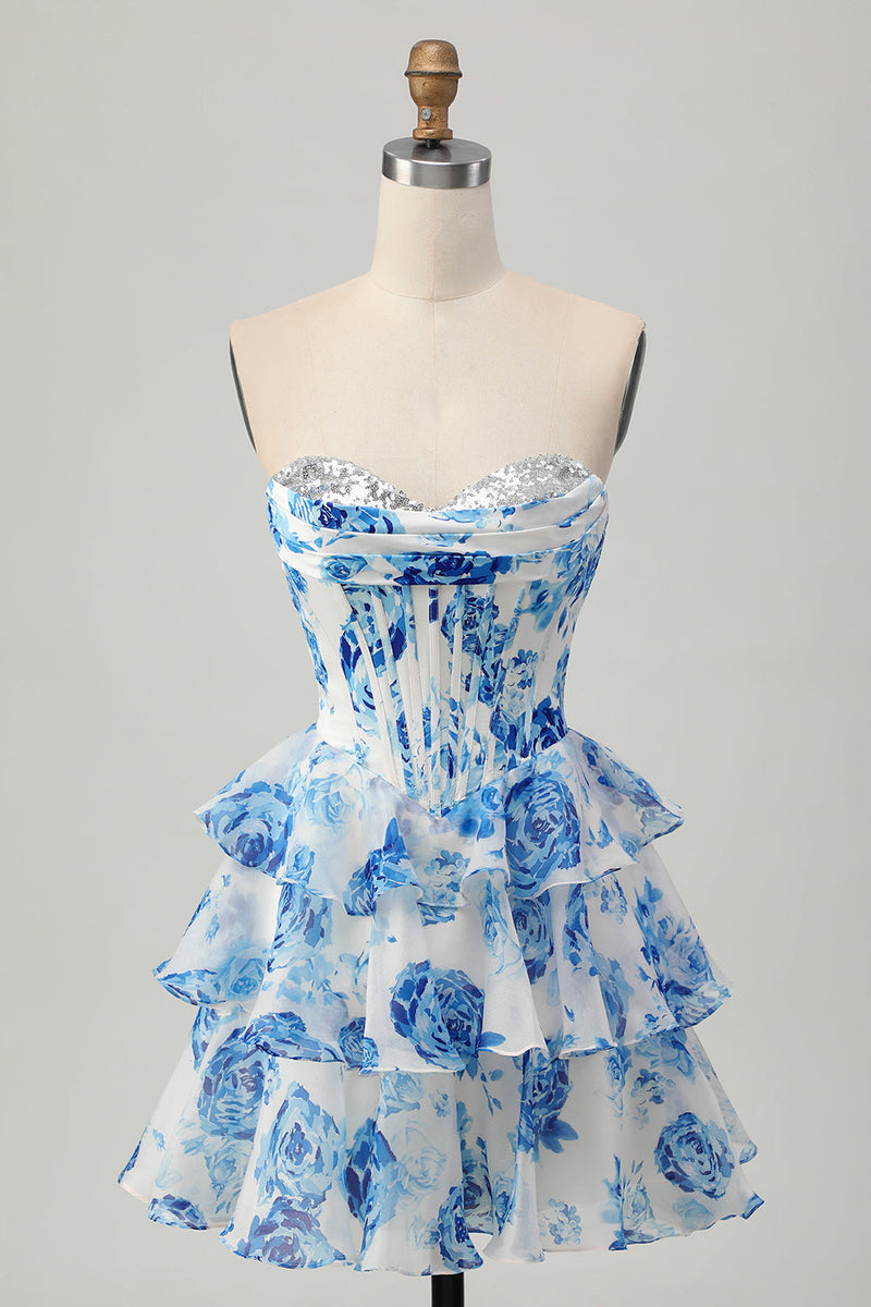 Load image into Gallery viewer, Sparkly White and Blue Corset Floral Sweetheart Short Prom Dress