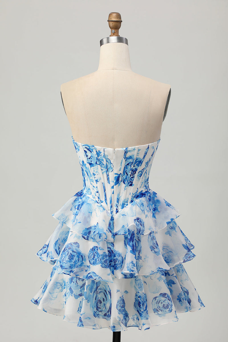 Load image into Gallery viewer, Sparkly White and Blue Corset Floral Sweetheart Short Prom Dress