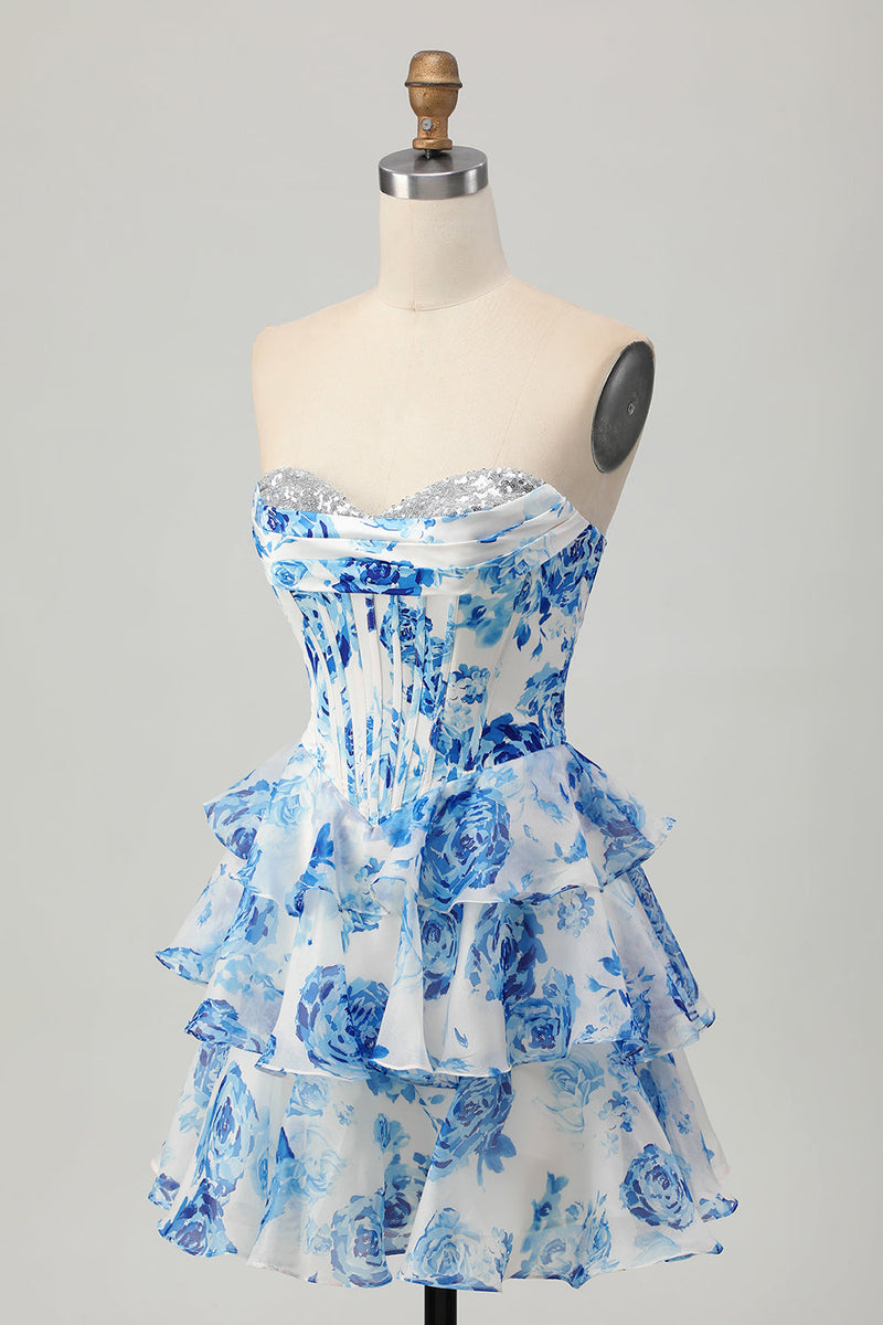 Load image into Gallery viewer, Sparkly White and Blue Corset Floral Sweetheart Short Prom Dress