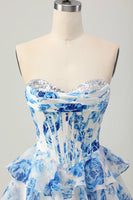 Load image into Gallery viewer, Sparkly White and Blue Corset Floral Sweetheart Short Prom Dress
