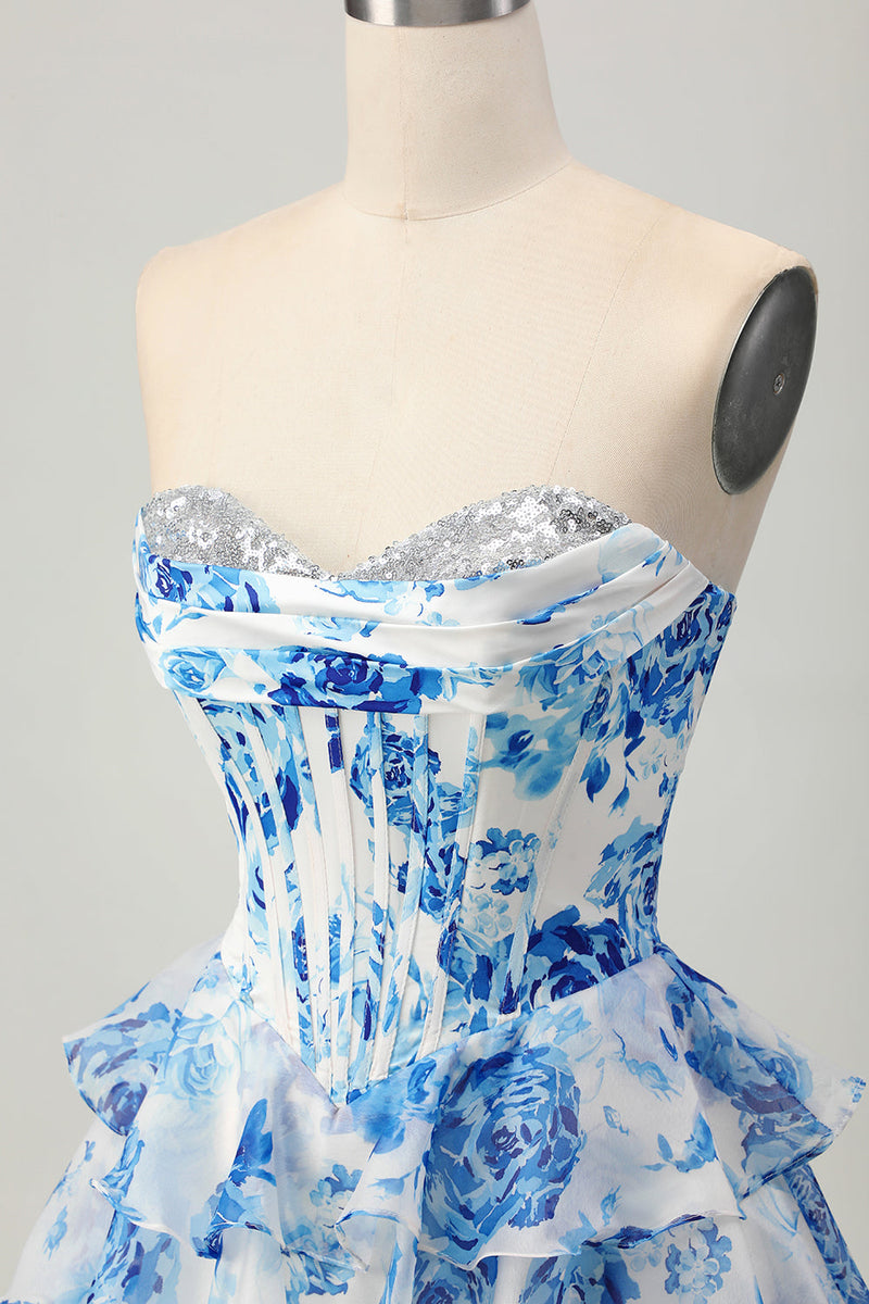 Load image into Gallery viewer, Sparkly White and Blue Corset Floral Sweetheart Short Prom Dress