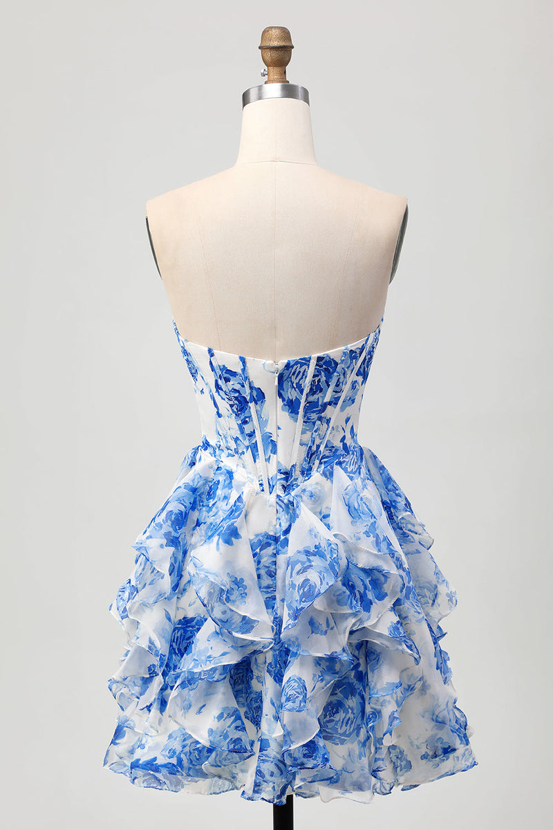 Load image into Gallery viewer, White and Blue Floral Corset Ruffled Short Prom Dress with Bow