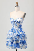 Load image into Gallery viewer, White and Blue Floral Corset Ruffled Short Prom Dress with Bow