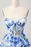 Load image into Gallery viewer, White and Blue Floral Corset Ruffled Short Prom Dress with Bow