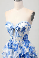 Load image into Gallery viewer, White and Blue Floral Corset Ruffled Short Prom Dress with Bow