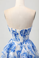 Load image into Gallery viewer, White and Blue Floral Corset Ruffled Short Prom Dress with Bow