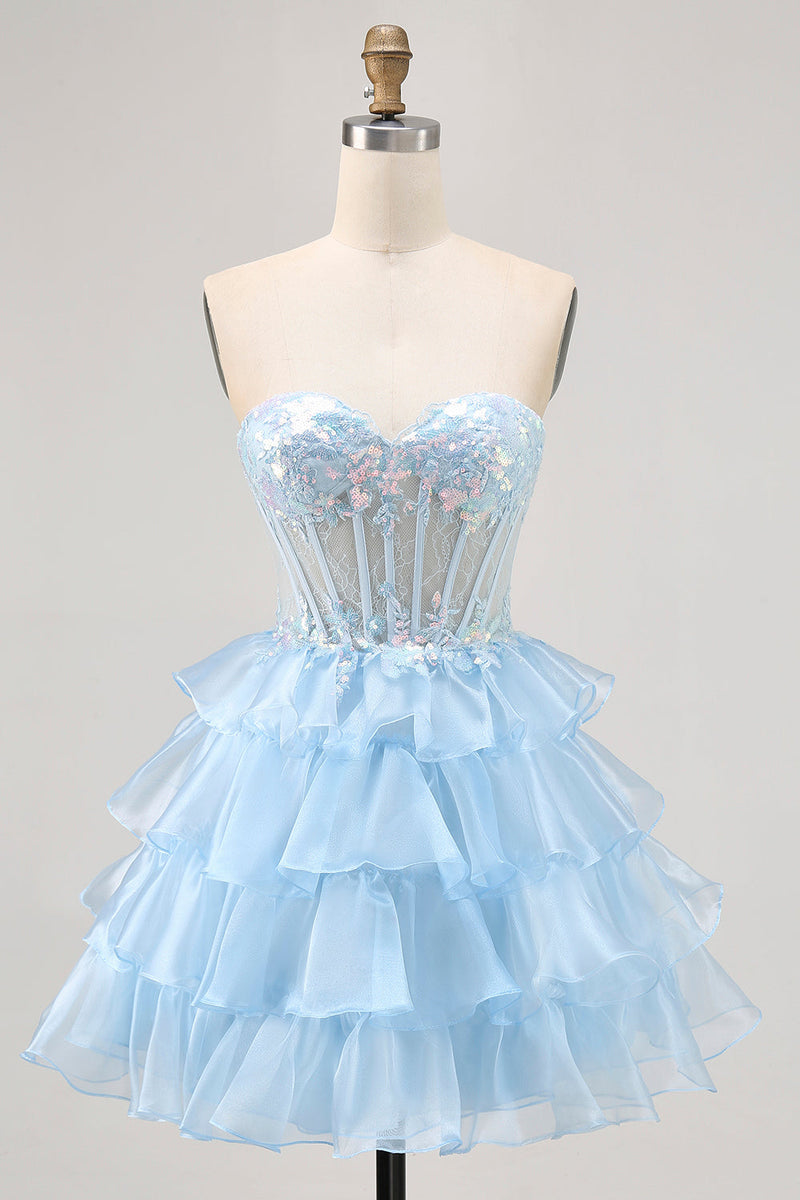 Load image into Gallery viewer, Sparkly Blue Ruffled Sweetheart Short Corset Prom Dress with Lace