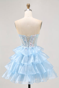 Sparkly Blue Ruffled Sweetheart Short Corset Prom Dress with Lace