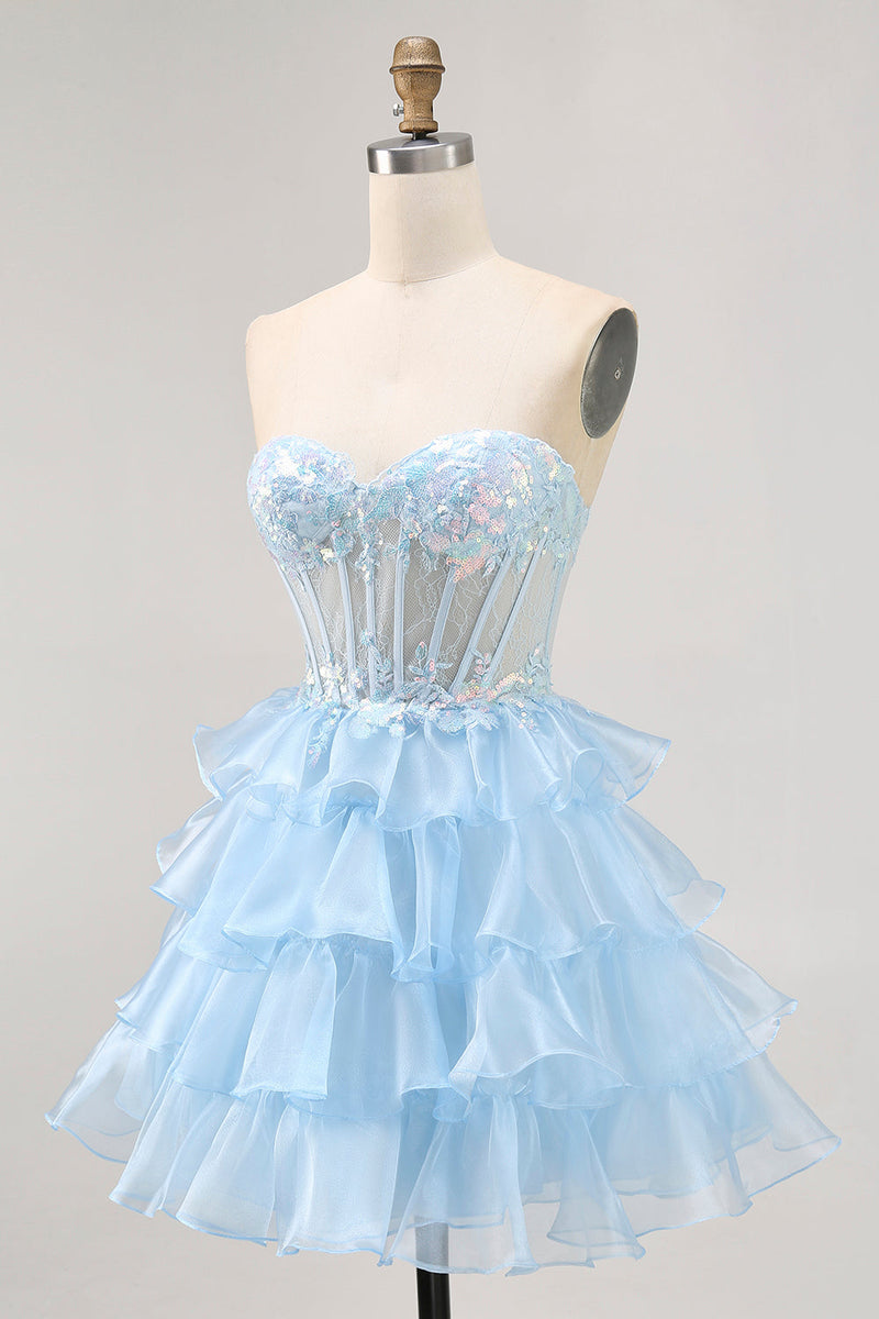 Load image into Gallery viewer, Sparkly Blue Ruffled Sweetheart Short Corset Prom Dress with Lace