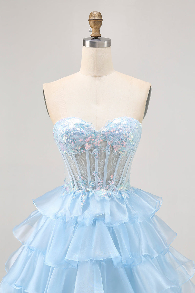 Load image into Gallery viewer, Sparkly Blue Ruffled Sweetheart Short Corset Prom Dress with Lace