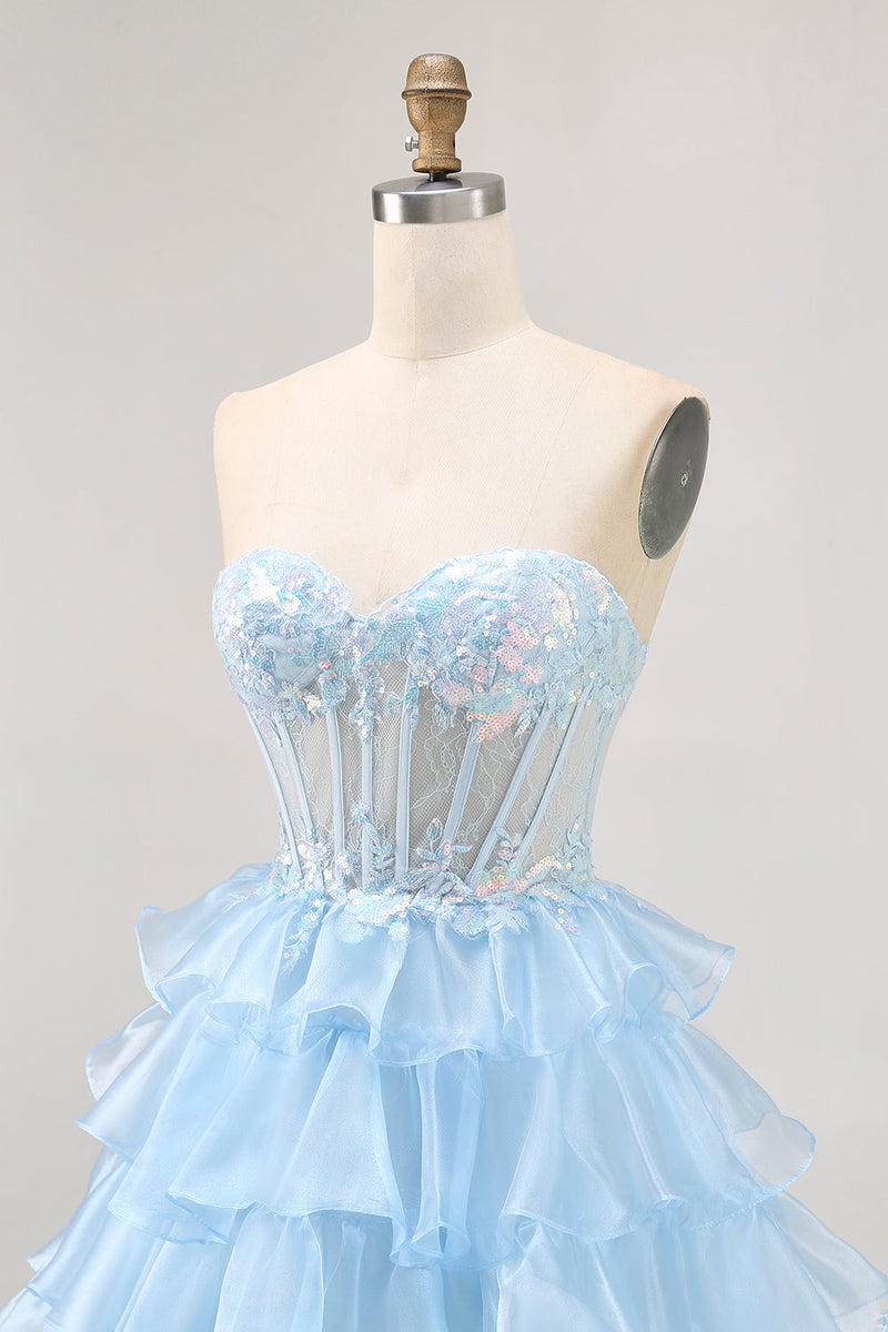Load image into Gallery viewer, Sparkly Blue Ruffled Sweetheart Short Corset Prom Dress with Lace