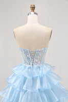 Load image into Gallery viewer, Sparkly Blue Ruffled Sweetheart Short Corset Prom Dress with Lace