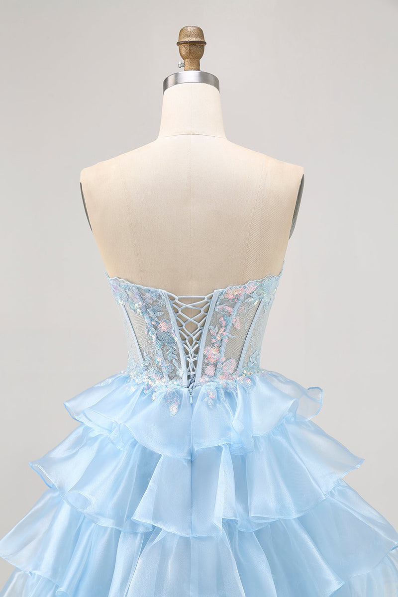 Load image into Gallery viewer, Sparkly Blue Ruffled Sweetheart Short Corset Prom Dress with Lace