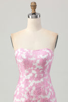 Load image into Gallery viewer, Pink Jacquard Floral Detachable Sleeves Strapless Tight Short Prom Dress