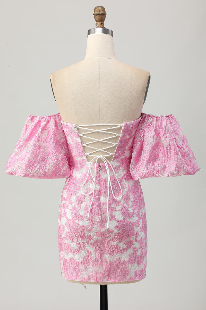 Load image into Gallery viewer, Pink Jacquard Floral Detachable Sleeves Strapless Tight Short Prom Dress