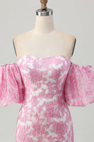 Load image into Gallery viewer, Pink Jacquard Floral Detachable Sleeves Strapless Tight Short Prom Dress