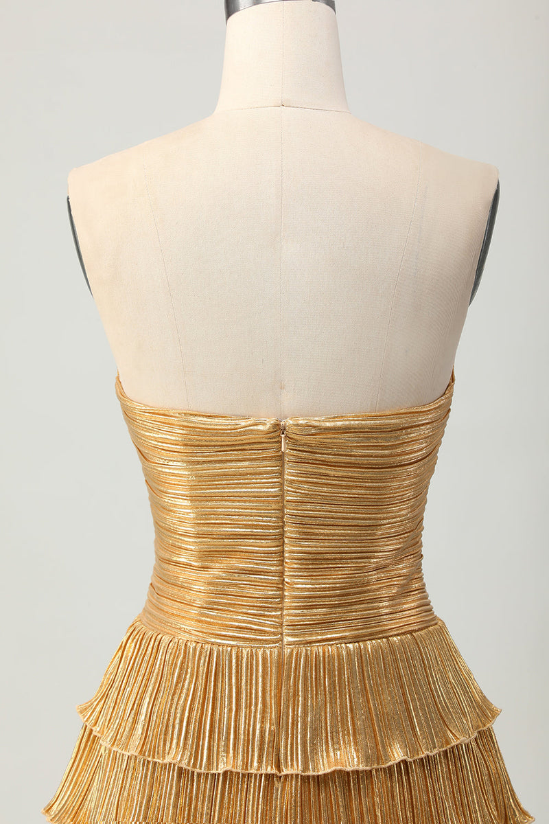 Load image into Gallery viewer, Sparkly Golden Sweetheart Floral Short Metallic Prom Dress with Keyholes