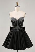 Load image into Gallery viewer, Sparkly Black Corset Satin Short Prom Dress with Bow