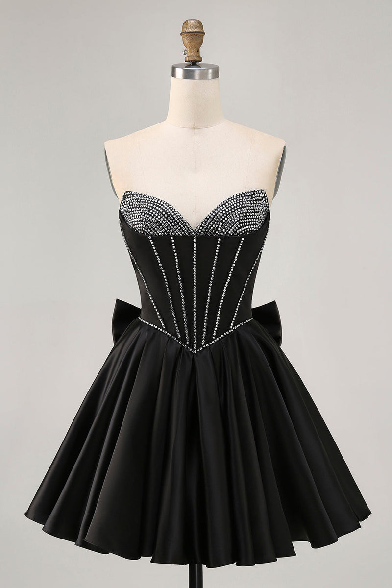 Load image into Gallery viewer, Sparkly Black Corset Satin Short Prom Dress with Bow