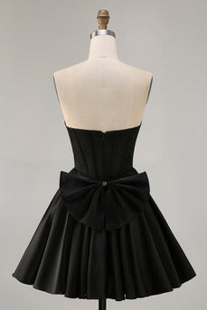 Sparkly Black Corset Satin Short Prom Dress with Bow