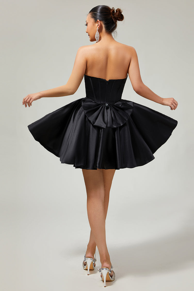 Load image into Gallery viewer, Sparkly Black Corset Satin Short Prom Dress with Bow