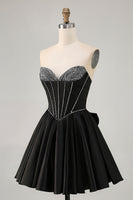 Load image into Gallery viewer, Sparkly Black Corset Satin Short Prom Dress with Bow