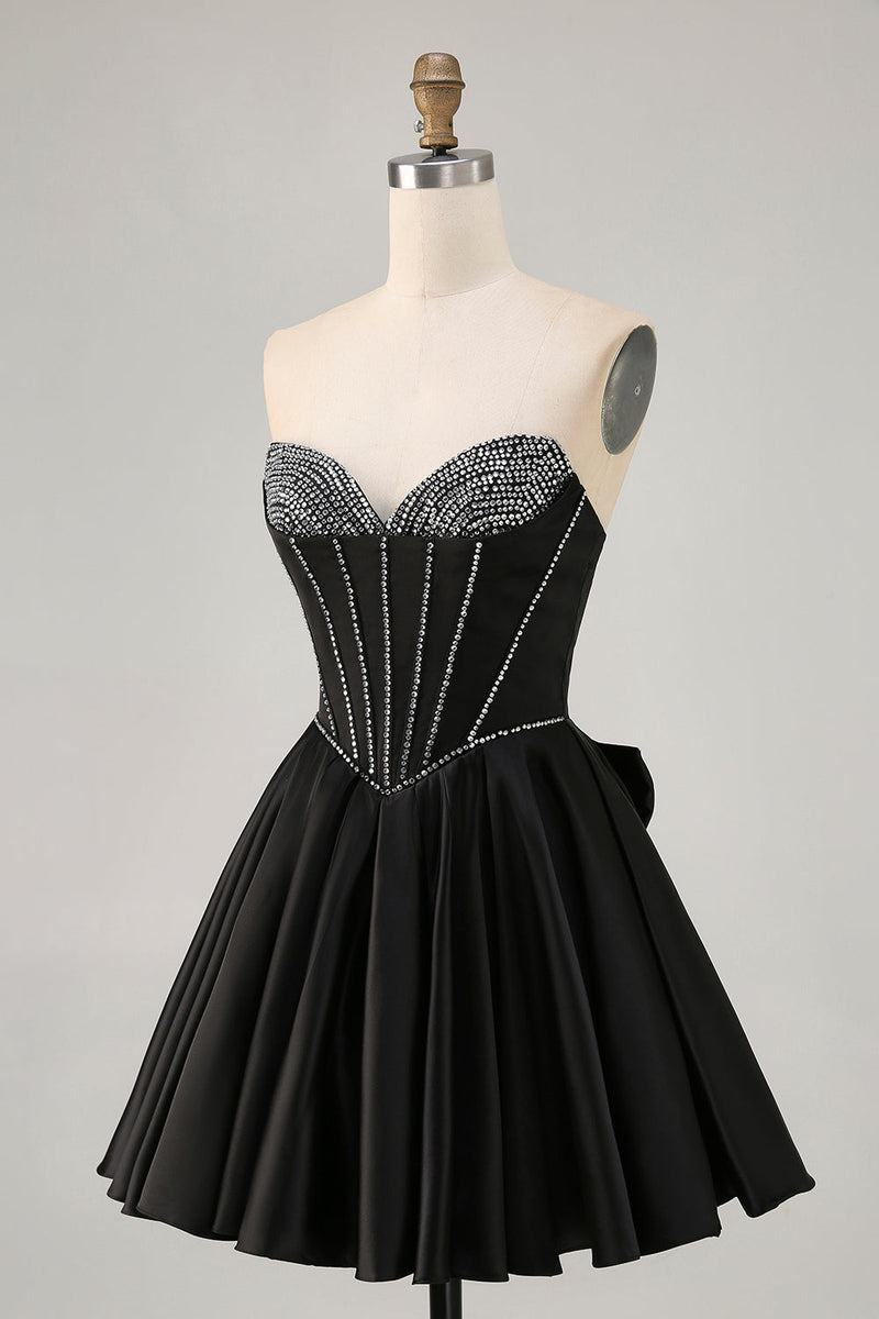 Load image into Gallery viewer, Sparkly Black Corset Satin Short Prom Dress with Bow