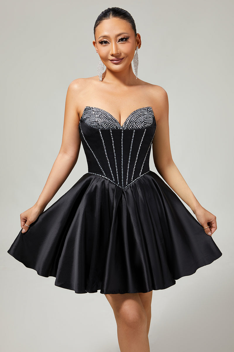 Load image into Gallery viewer, Sparkly Black Corset Satin Short Prom Dress with Bow