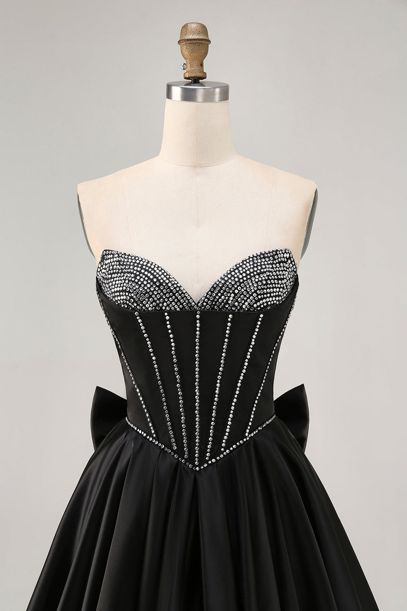 Load image into Gallery viewer, Sparkly Black Corset Satin Short Prom Dress with Bow