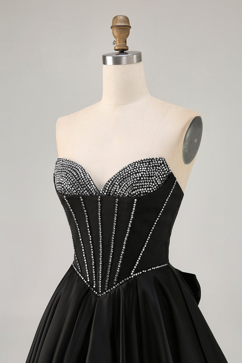 Load image into Gallery viewer, Sparkly Black Corset Satin Short Prom Dress with Bow