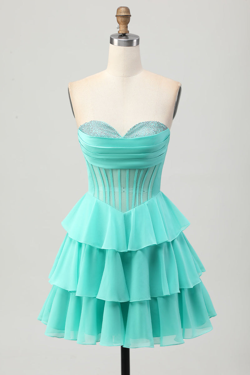 Load image into Gallery viewer, Sparkly Green Ruffled Corset Sweetheart Short Prom Dress with Beading