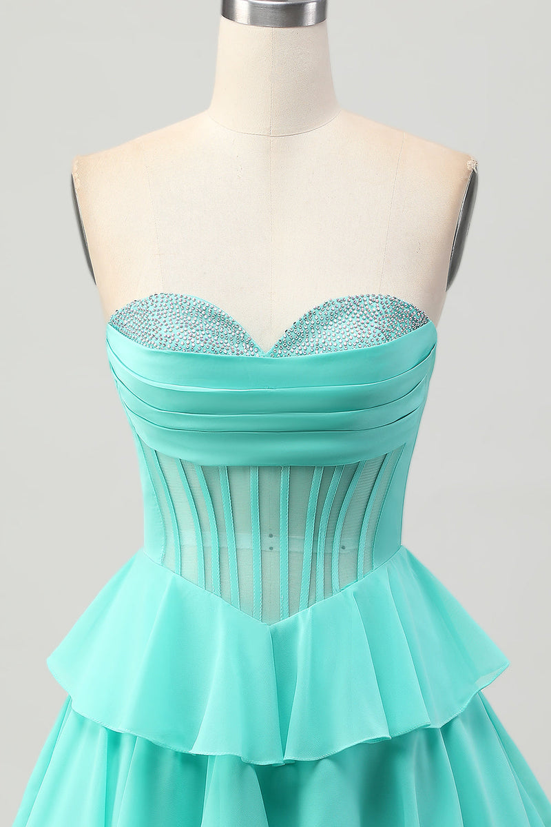 Load image into Gallery viewer, Sparkly Green Ruffled Corset Sweetheart Short Prom Dress with Beading