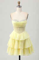 Load image into Gallery viewer, Sparkly Yellow Corset Ruffled Sweetheart Short Prom Dress with Beading