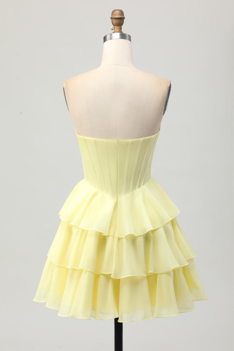 Load image into Gallery viewer, Sparkly Yellow Corset Ruffled Sweetheart Short Prom Dress with Beading