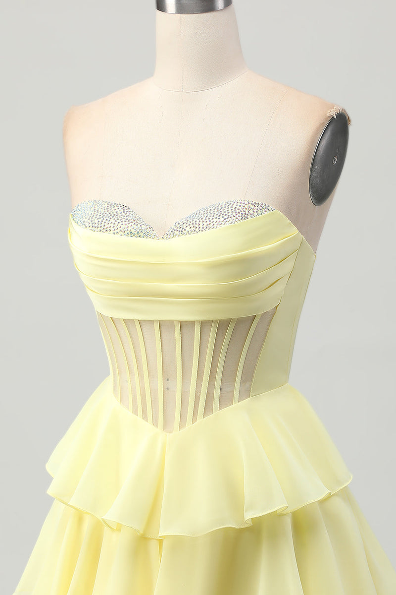 Load image into Gallery viewer, Sparkly Yellow Corset Ruffled Sweetheart Short Prom Dress with Beading