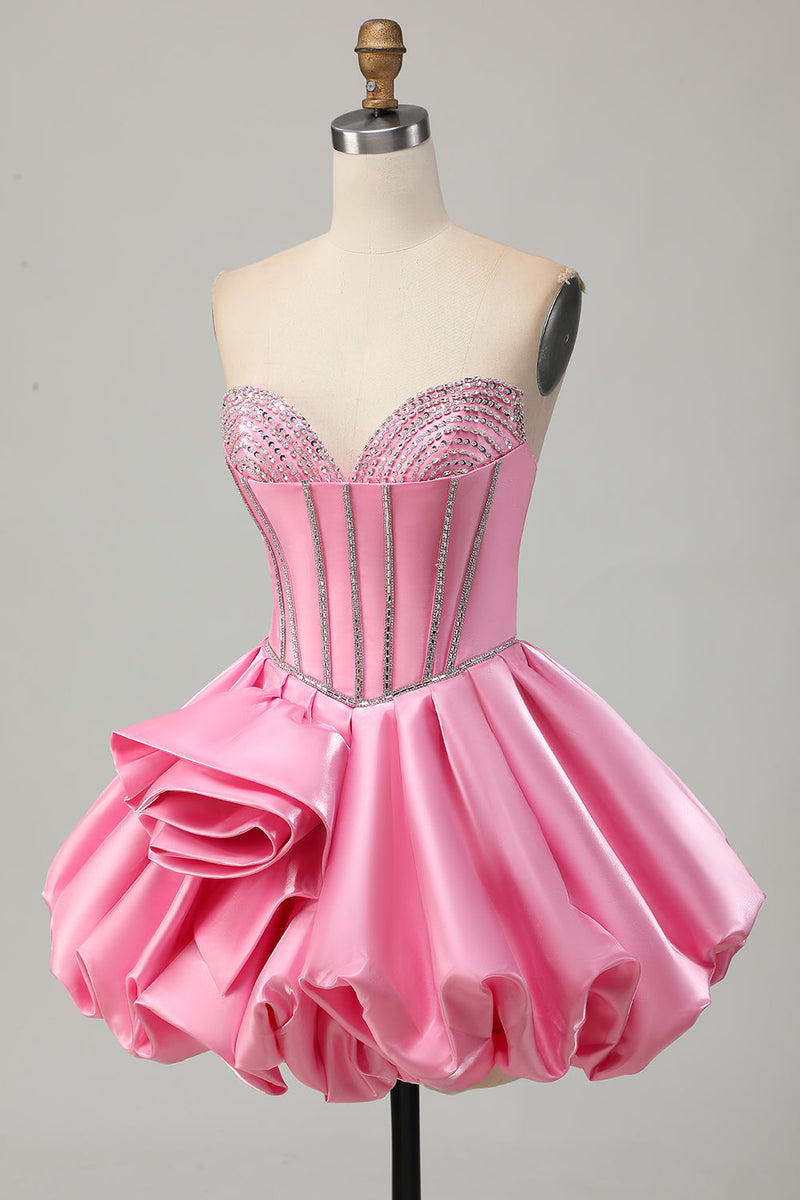 Load image into Gallery viewer, Sparkly Pink Strapless Corset Short Prom Dress with Rhinestones