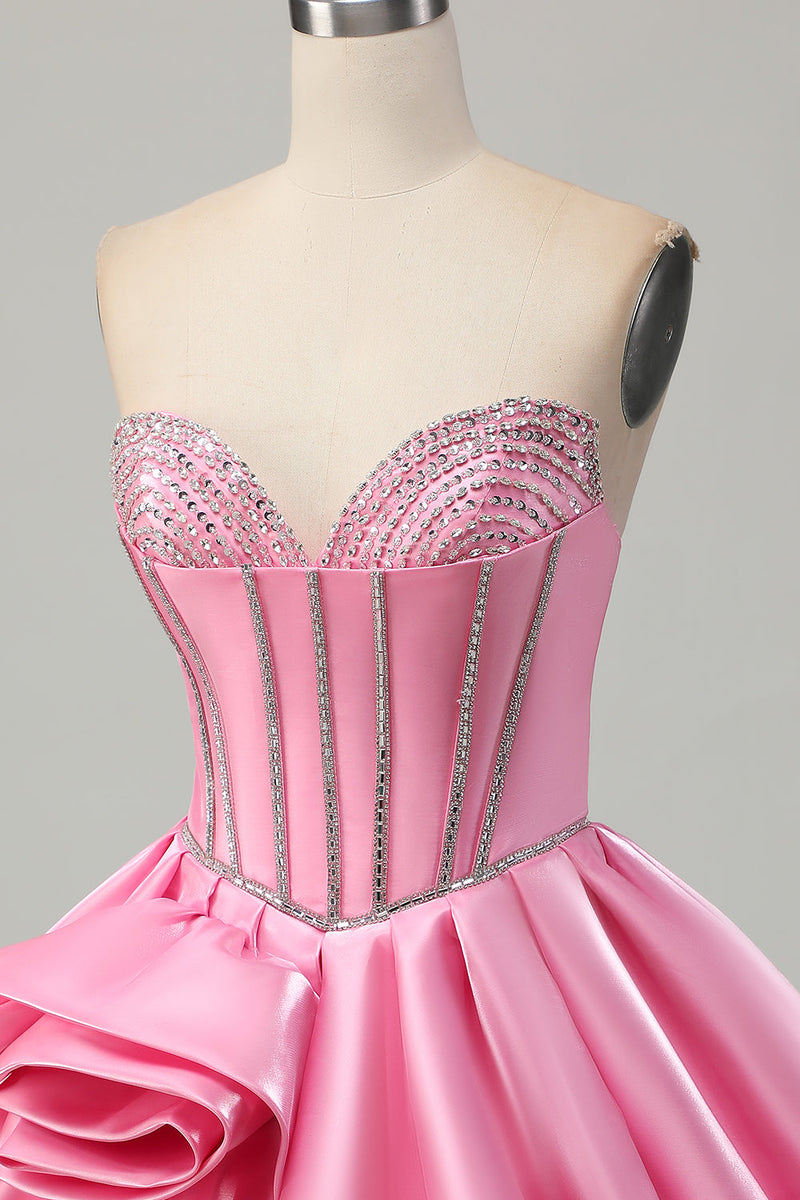Load image into Gallery viewer, Sparkly Pink Strapless Corset Short Prom Dress with Rhinestones