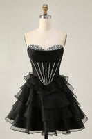Load image into Gallery viewer, Sparkly Black Tiered Corset Short Prom Dress with Beading