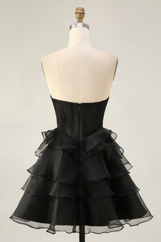 Sparkly Black Tiered Corset Short Prom Dress with Beading