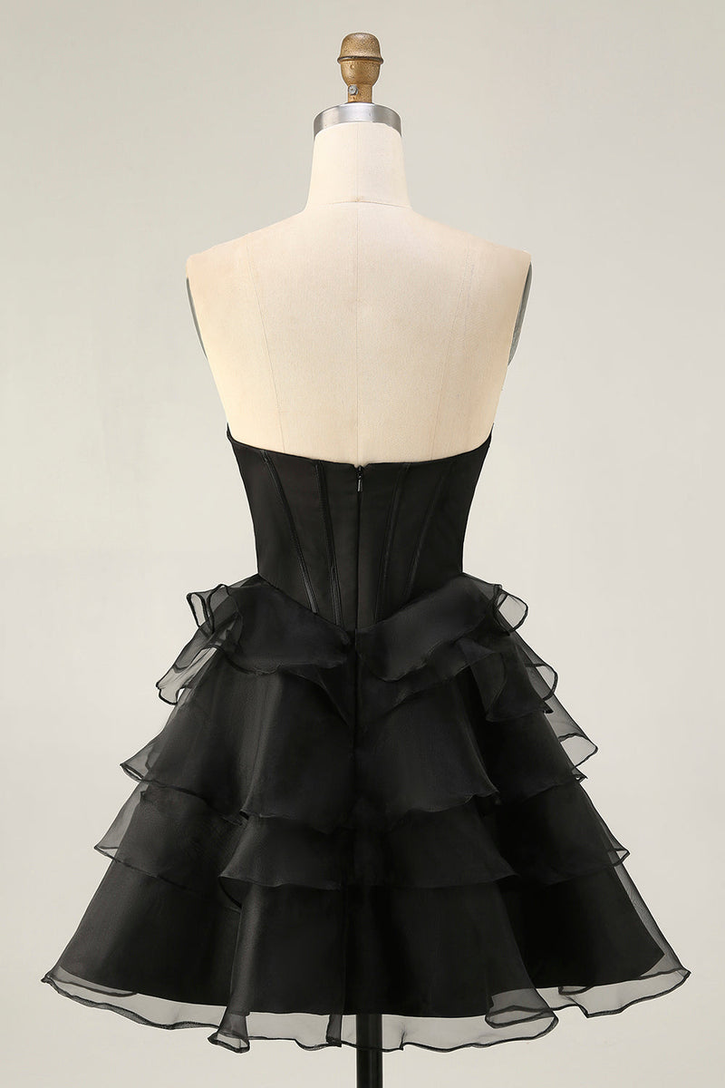 Load image into Gallery viewer, Sparkly Black Tiered Corset Short Prom Dress with Beading