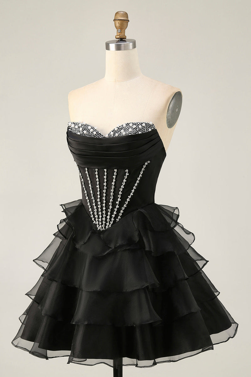 Load image into Gallery viewer, Sparkly Black Tiered Corset Short Prom Dress with Beading