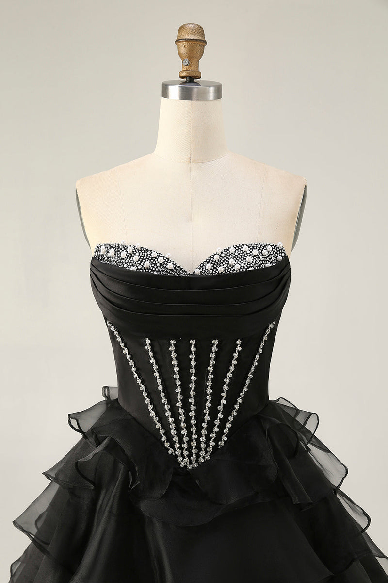 Load image into Gallery viewer, Sparkly Black Tiered Corset Short Prom Dress with Beading