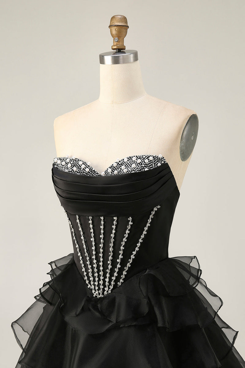 Load image into Gallery viewer, Sparkly Black Tiered Corset Short Prom Dress with Beading