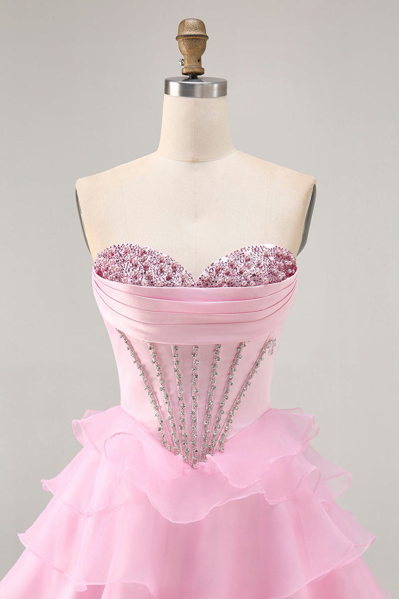 Load image into Gallery viewer, Sparkly Pink Short Ruffled Corset Prom Dress with Beading