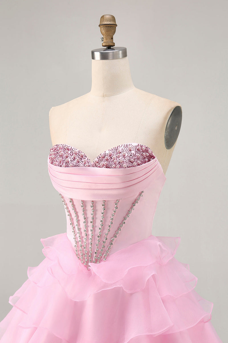 Load image into Gallery viewer, Sparkly Pink Short Ruffled Corset Prom Dress with Beading