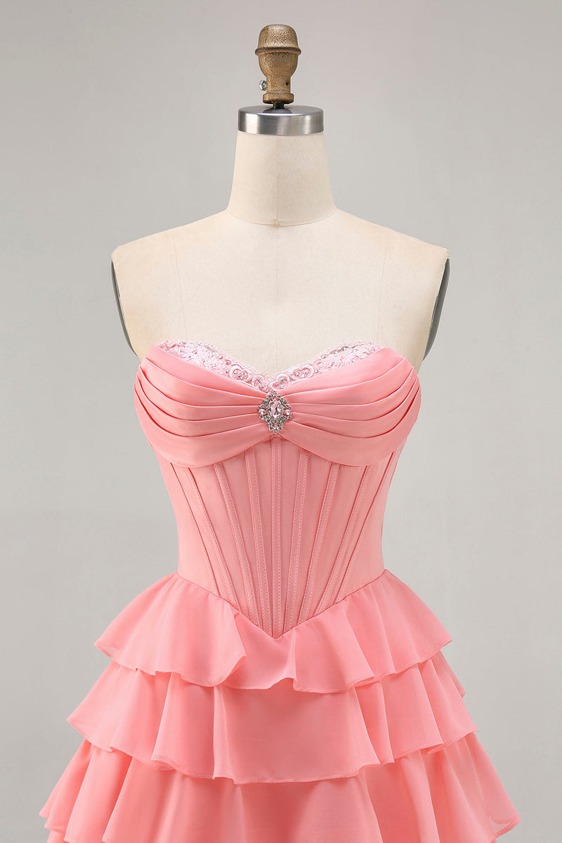 Load image into Gallery viewer, Sparkly Blush Short Sweetheart Corset Prom Dress with Ruffles