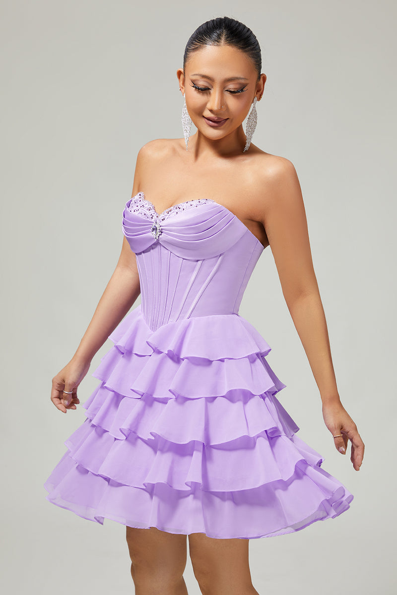 Load image into Gallery viewer, Sparkly Purple Short Corset Sweetheart Prom Dress with Ruffles