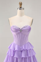 Load image into Gallery viewer, Sparkly Blush Short Sweetheart Corset Prom Dress with Ruffles