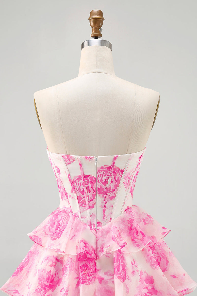 Load image into Gallery viewer, Sparkly Fuchsia Short Floral Corset Prom Dress with Rhinestones